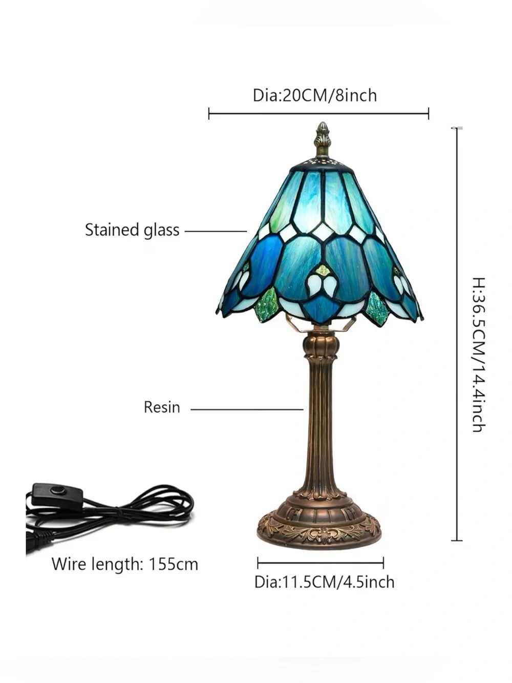Vintage Style Blue Stained Glass Table Lamp Bedside Desk Lamp